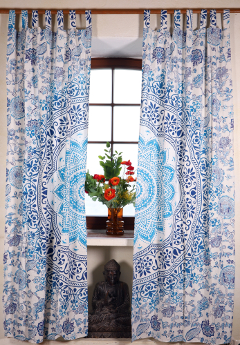 Boho curtains, curtain (1 pair ) with loops, hand-printed ethno style curtain, mandala motif - white/blue/turquoise - 230x100x0,2 cm 