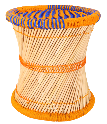 Large Indian wicker stool, bamboo stool, pouf, basket storage - orange/blue - 38x40x40 cm 