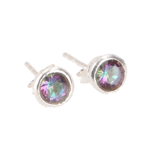 Round silver earring, sparkling stud earring in sterling silver - Rainbow Topaz - 1,7x0,7x0,7 cm  0,7 cm