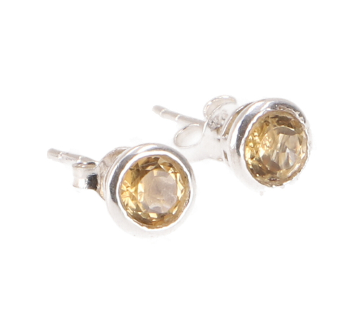 Round silver earring, sparkling stud earring in sterling silver - citrine