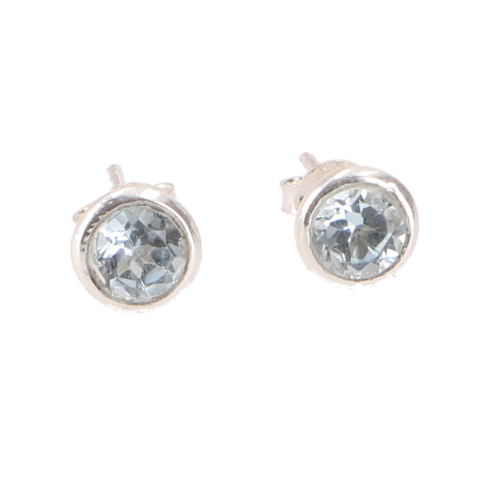 Round silver earring, sparkling sterling silver stud earring - aquamarine