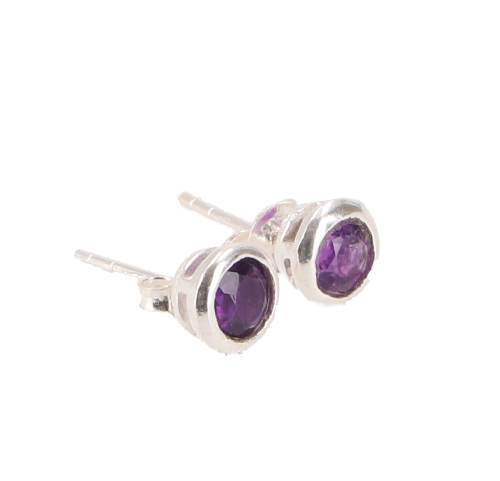 Round silver earring, sparkling sterling silver stud earring - amethyst