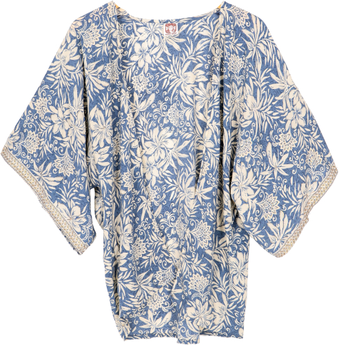 Kimono jacket, short boho kimono, beach kimono - dove blue/gold