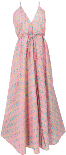 Luftiges Maxikleid, Boho Sommerkleid, Baumwollkleid mit handgefertigtem Druck - rosa
