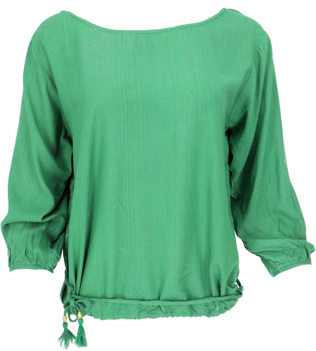 Long sleeve boho blouse top with drawstring - emerald green