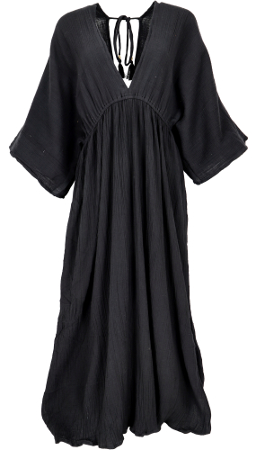 Boho Sommerkleid, luftiges Langarm-Baumwollkleid mit tiefem Ausschnitt, Maxikleid, Kaftan - schwarz 