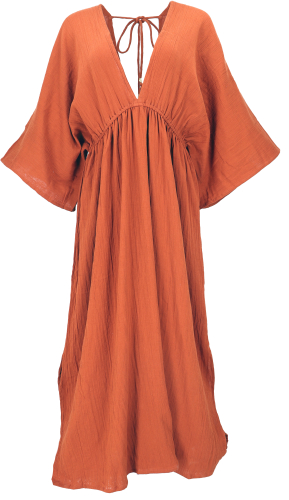 Boho Sommerkleid, luftiges Langarm-Baumwollkleid mit tiefem Ausschnitt, Maxikleid, Kaftan - rostorange