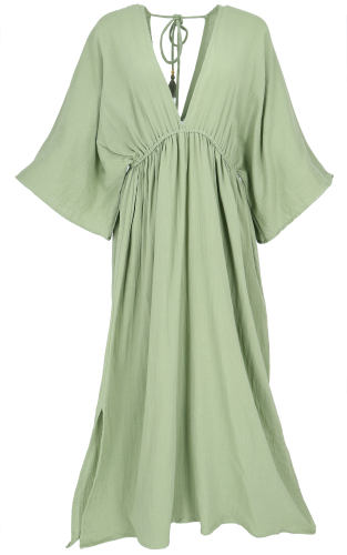 Boho summer dress, airy long-sleeved cotton dress with low neckline, maxi dress, kaftan - sage