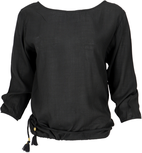 Long sleeve boho blouse top with drawstring - black
