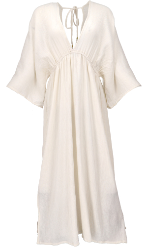 Boho Sommerkleid, luftiges Langarm-Baumwollkleid mit tiefem Ausschnitt, Maxikleid, Kaftan - cremewei