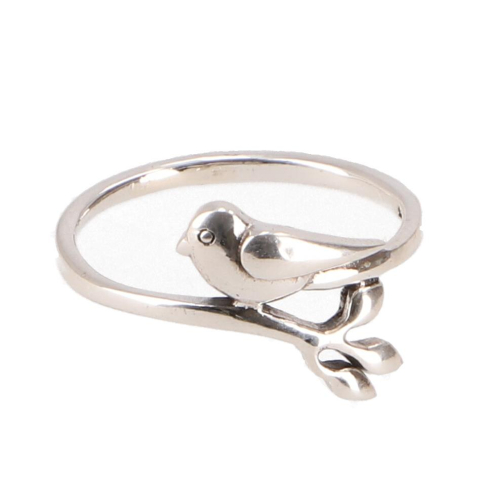 Filigree silver ring with a small bird on an olive branch