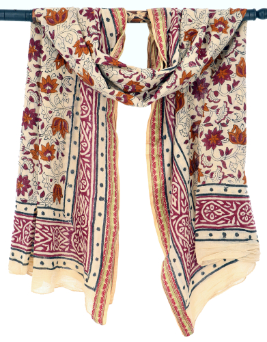 Leichter Pareo, Sarong, handbedrucktes Baumwolltuch, Lungi mit Webbord�re - beige /rot - 190x120 cm