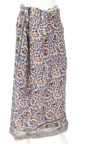 Leichter Pareo, Sarong, handbedrucktes Baumwolltuch, Lungi mit Webbord�re - blau/bordeauxrot - 190x120 cm
