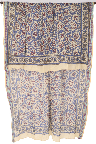 Leichter Pareo, Sarong, handbedrucktes Baumwolltuch, Lungi mit Webbord�re - blau/bordeauxrot - 190x120 cm