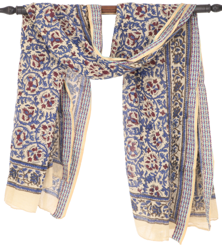 Leichter Pareo, Sarong, handbedrucktes Baumwolltuch, Lungi mit Webbord�re - blau/bordeauxrot - 190x120 cm