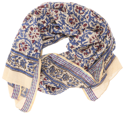 Leichter Pareo, Sarong, handbedrucktes Baumwolltuch, Lungi mit Webbord�re - blau/bordeauxrot - 190x120 cm