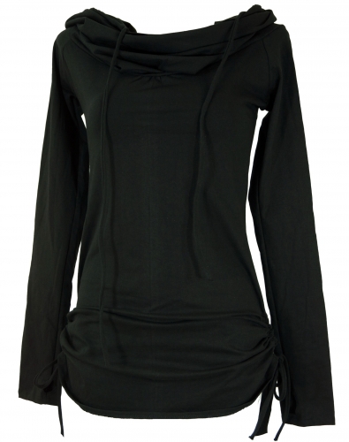 Long shirt, mini dress with wide shawl hood - black