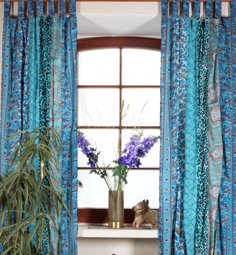Boho patchwork curtains, 1 pair of bohemian curtains made of saree fabric, unique 300 cm - turquoise