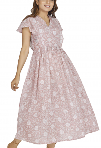 Airy boho summer dress, hand-printed maxi dress, cotton dress - pink