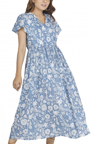 Airy boho summer dress, hand-printed maxi dress, cotton dress - blue