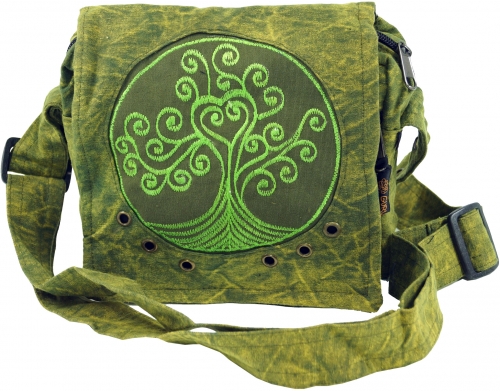 Ethno shoulder bag, Nepalese stonewash `Tree of life` - green - 20x20x15 cm 