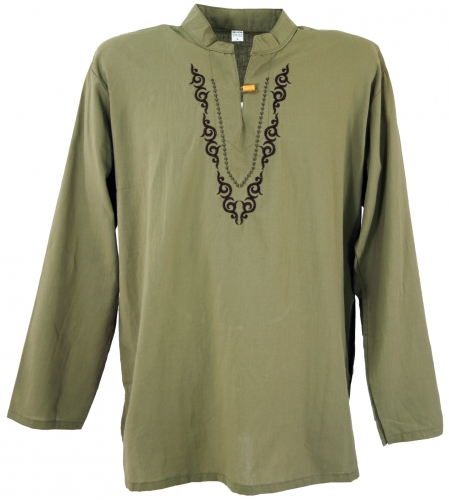 Yoga Hemd bestickt, Schlupfhemd, Goa Hemd, besticktes Freizeithemd, Mittelalterhemd - olive Muster 3