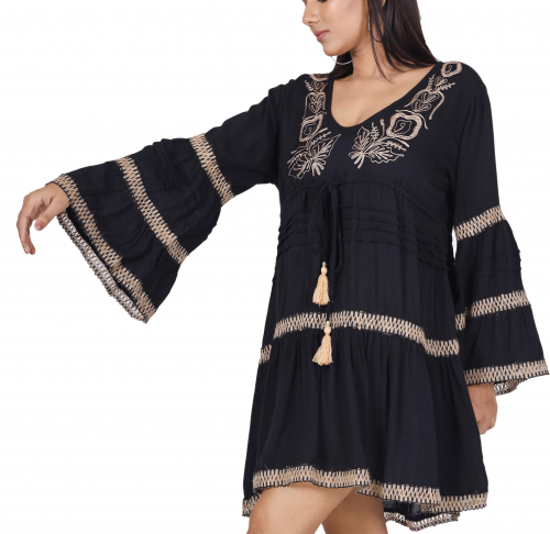 Boho crinkle blouse, embroidered hippie tunic - black