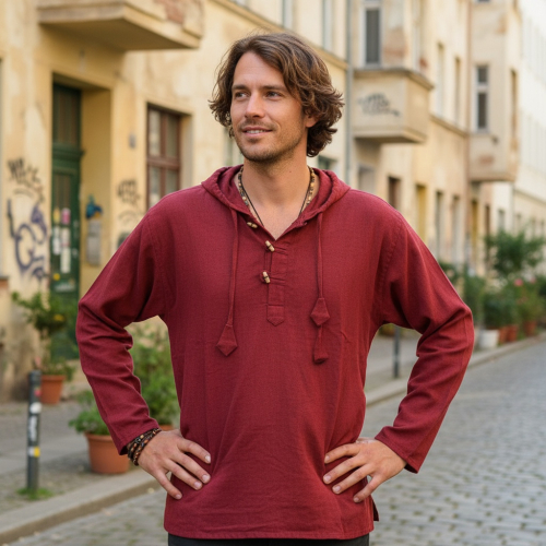 Nepal shirt, goa hippie sweatshirt, yoga shirt, slip-on shirt with hood - bordeaux