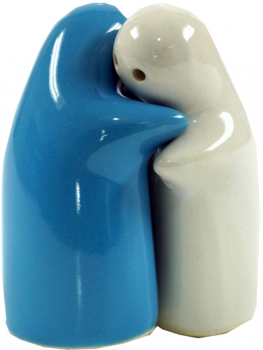 Ceramic pepper and salt shaker `Lovers`- white/turquoise - 9x7x5 cm 