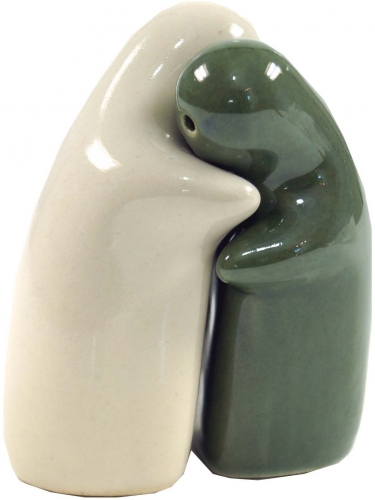 Ceramic pepper and salt shaker `Lovers`- beige/olive - 9x7x5 cm 