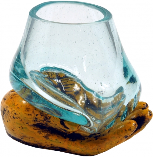 Hand-blown glass tealight jar on an open hand - yellow - 13x15x13 cm 