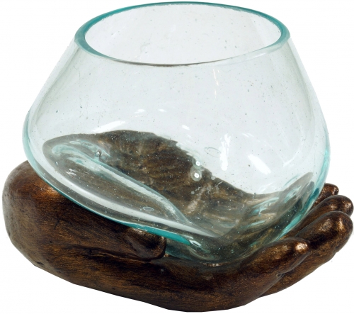Hand blown glass tealight jar on open hand - bronze - 13x15x13 cm 