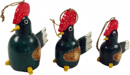 Set of 3 pendants, small wooden figure, animal figure rooster - green