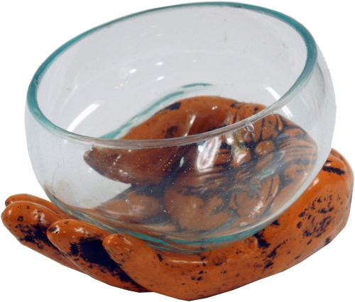 Teelichtglas aus mundgeblasenem Glas auf geffneter Hand - orange - 13x15x13 cm 