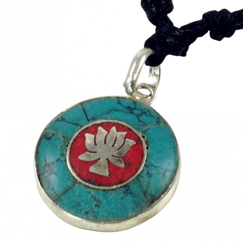 Tibetkette, Nepalschmuck, Amulett Trkis Lotus - Modell 4 2 cm