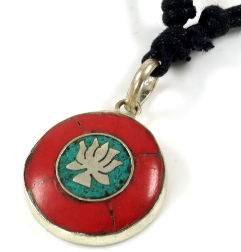 Tibetkette, Nepalschmuck, Amulett mit Spirale, Buddhister Schmuck, Yogaschmuck -  Koralle/Lotus  2 cm