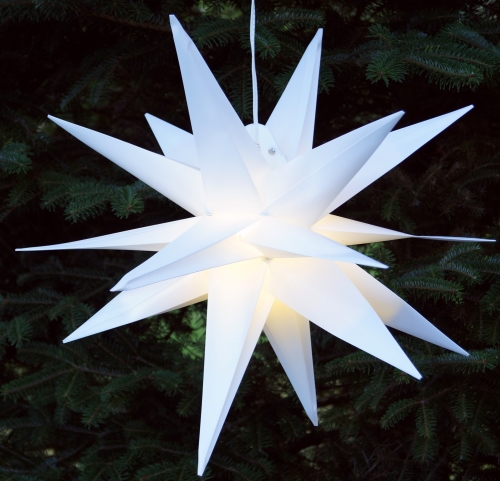 3D Auenstern Kaspar, Weihnachtsstern, Faltstern mit 18 Spitzen incl. 7 m Kabel & LED Leuchtmittel -  35 cm Trafo wei 