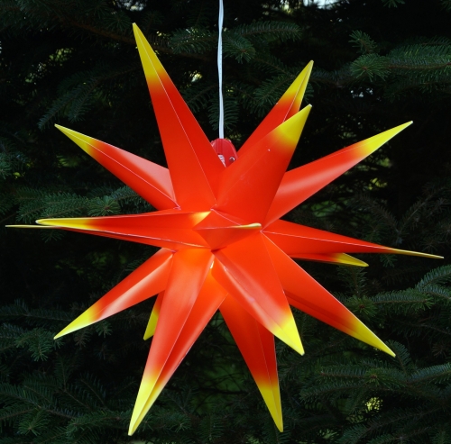 3D Auenstern Kaspar,  55 cm, Weihnachtsstern, Faltstern mit 18 Spitzen, 4 m Auenleitung, LED Leuchtmittel - 230V E14 rot/gelb
