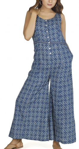 Summery dungarees, ethno style boho oversize one-piece, block print jumpsuit - blue