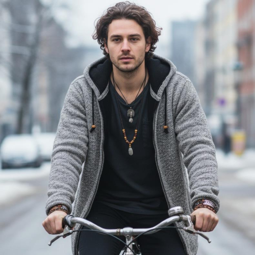 Unisex wool cardigan from Nepal, warm lined cardigan gray mottled - model 3