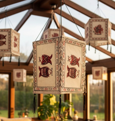 Lokta Papier H�nge Lampenschirm, Deckenleuchte aus handgesch�pftem Papier - Fisch wei�/bunt - 28x18x18 cm 