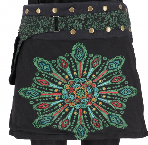 Wrap skirt, embroidered short goa skirt, cacheur - black/green