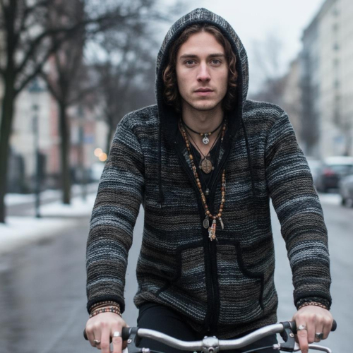 Unisex cardigan, wool jacket, Nepal jacket batik black - Model 24