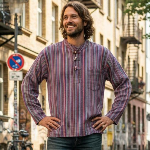 Nepal fisherman shirt, striped Goa hippie shirt, yoga shirt - purple/colorful