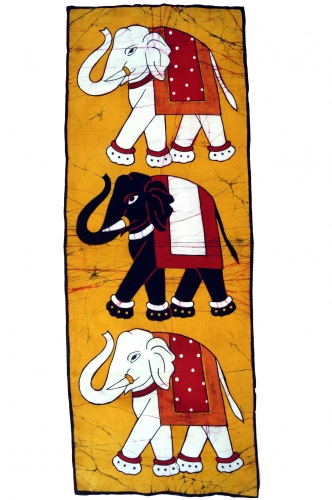 Traditional batik picture from Nepal, wall hanging - elephant/yellow - 95x39x0,2 cm 