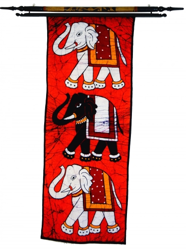 Traditionelles Batikbild aus Nepal, Wandbehang - Elefant/ orange - 95x39x0,2 cm 
