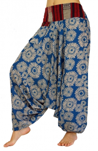 Printed harem pants, harem pants with wide woven waistband - petrol