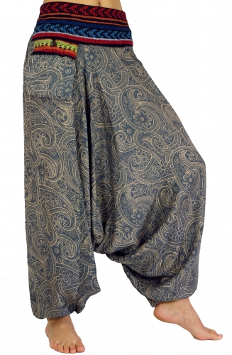 Bedruckte Haremshose, Pluderhose mit breitem gewebtem Bund - taubenblau