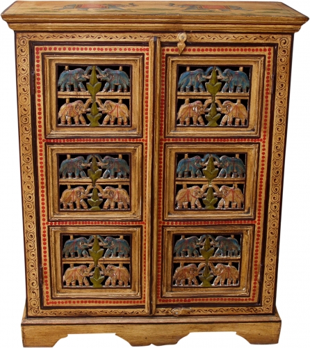Bemalter Elefantenschrank, Beistellschrank, Kommode mit Schnitzerei - Modell 2 - 96x78x33 cm 