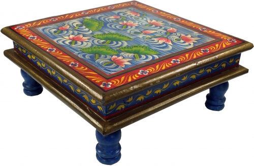 Bemalter kleiner Tisch, Minitisch, Blumenbank - Seerose blau/rot - 16x38x38 cm 